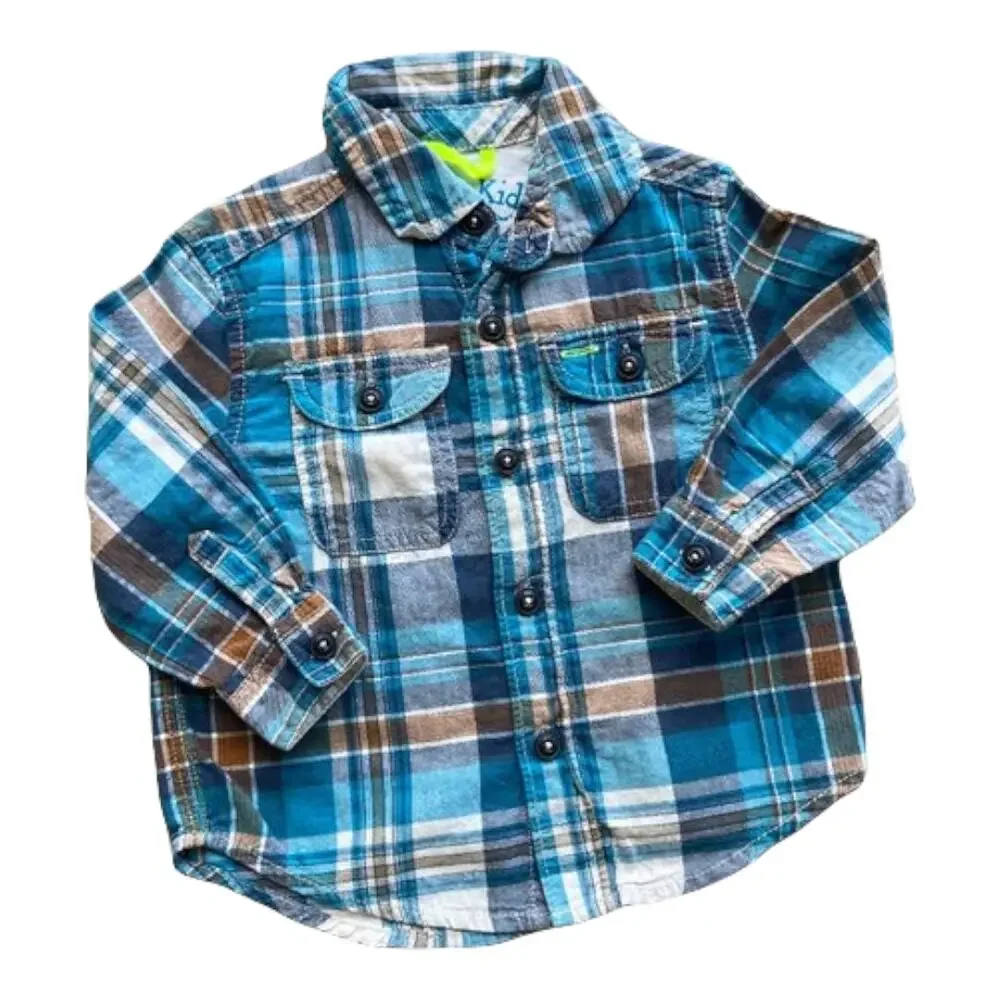 Genuine Kids Boys Shirt Size 18‎ Months Blue Brown Plaid Button Up Pockets